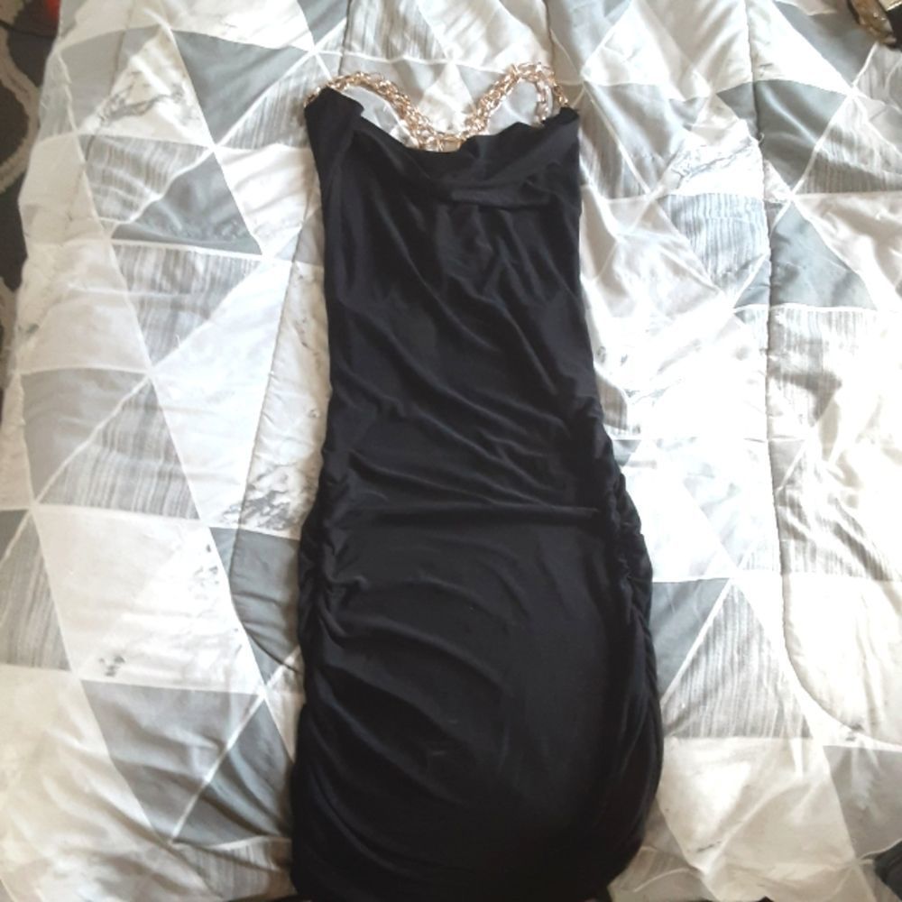 Black bodycon scoop neck gold chain back dress